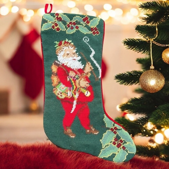 Needlepoint Stocking Christmas L Santa Smoking Imperial Elegance Peking Holly 19 - Picture 1 of 12